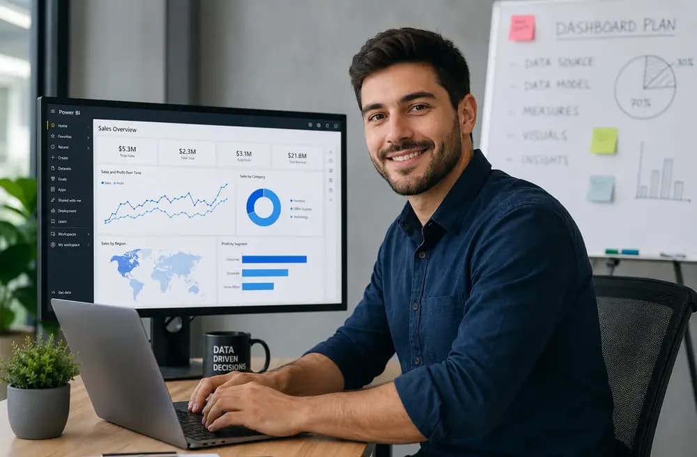 Business intelligence analyst using a Power BI dashboard in a modern office