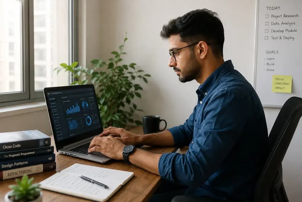 Tech learner working on a laptop to build a job-ready portfolio in a modern workspace