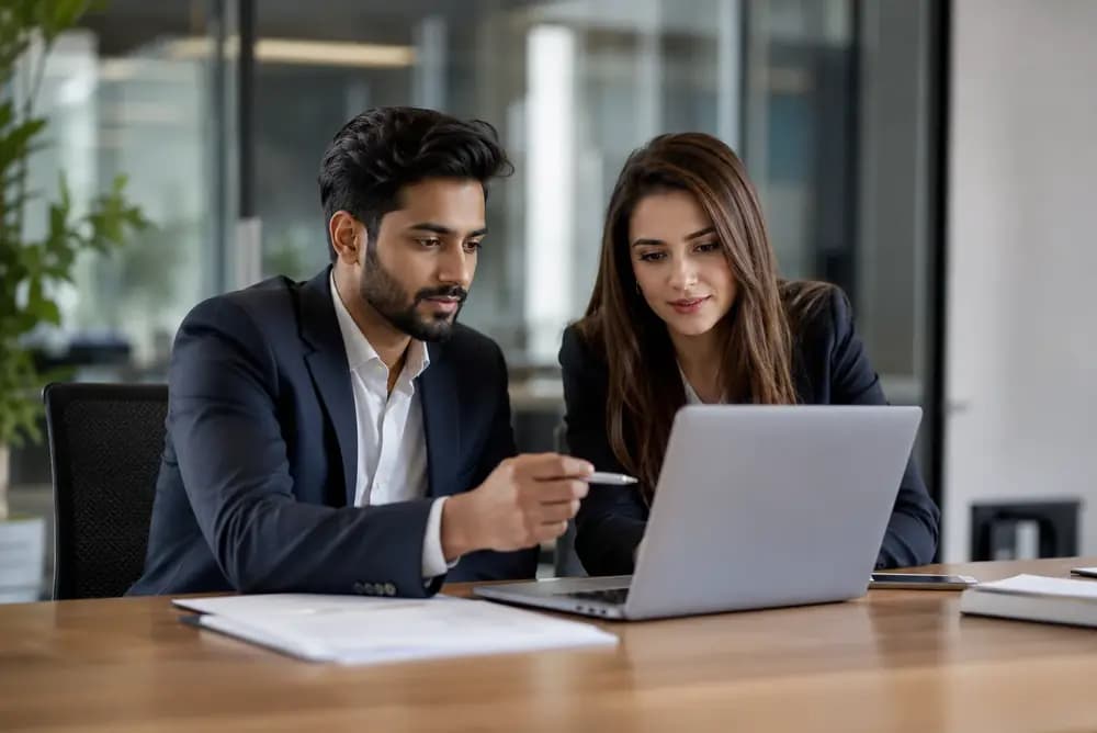 Legal and business professionals reviewing AI-powered legal analytics on a laptop in a modern office