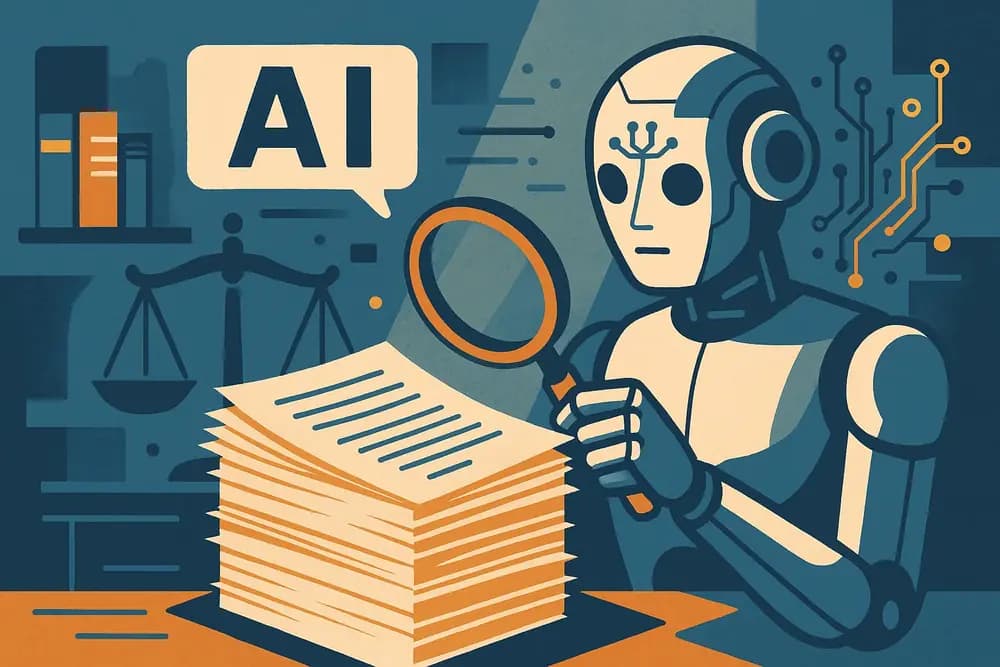 Illustration of a lawyer using AI software on a laptop to analyze legal documents, symbolizing the fusion of law and technology.