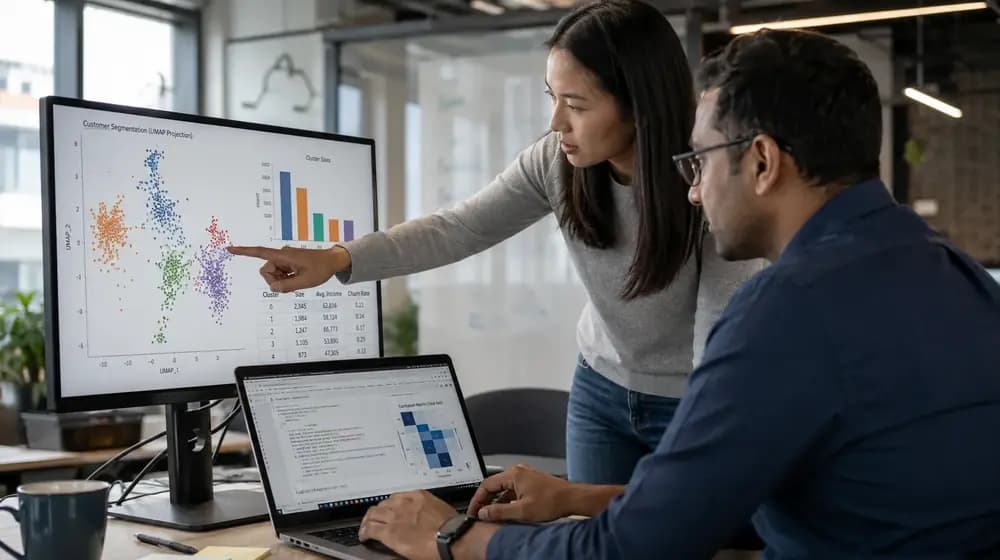 Two data professionals reviewing a machine learning dashboard and Python notebook in a modern office.
