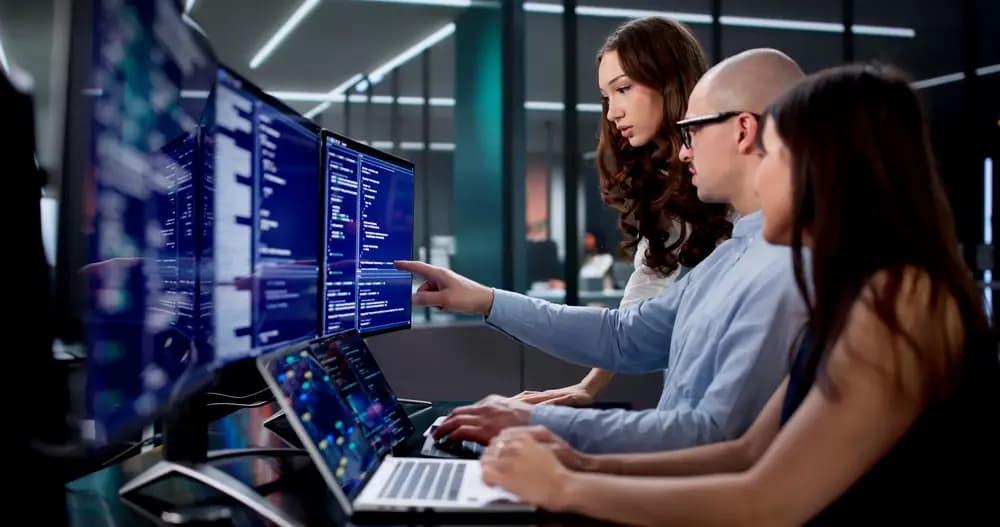Backend-development in 2026 team of software engineers collaborating on API architecture, cloud deployment, and observability dashboards in a modern office.
