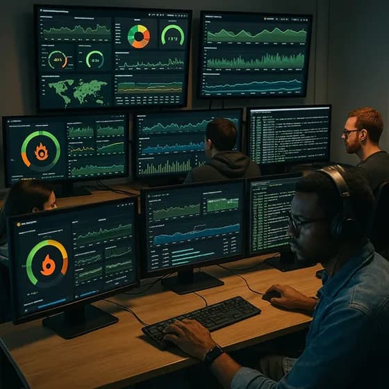 DevOps engineers in a modern operations center monitoring dashboards and alerts in real time. Effective monitoring combines metrics, logs, and user experience data to give a complete picture of system health