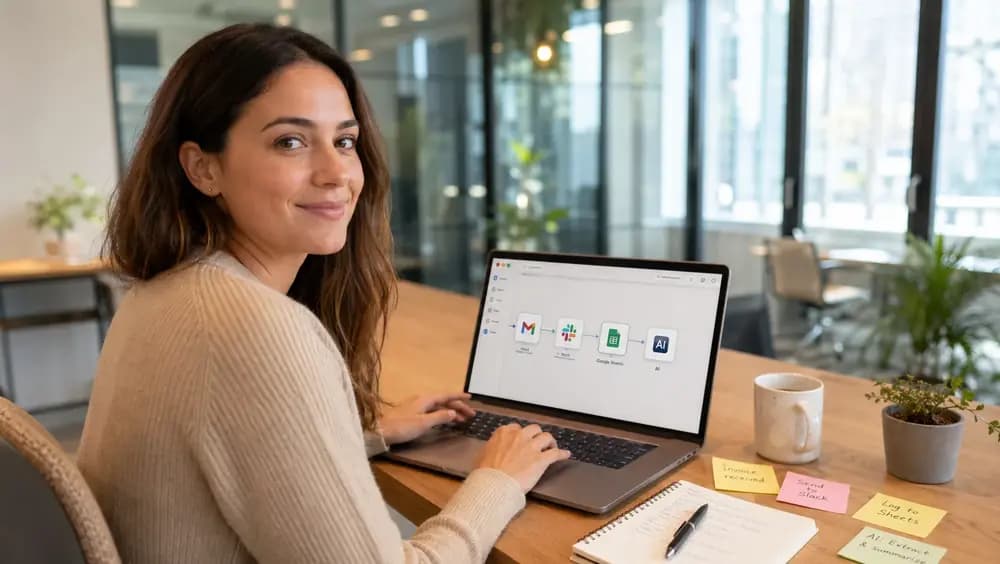 Non-technical professional building a no-code AI agent workflow on a laptop with Gmail, Slack, Google Sheets, and AI automation step