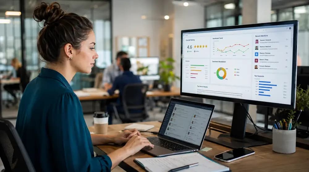 Online reputation manager analyzing reviews, sentiment trends, and brand mentions on a digital dashboard in a modern office