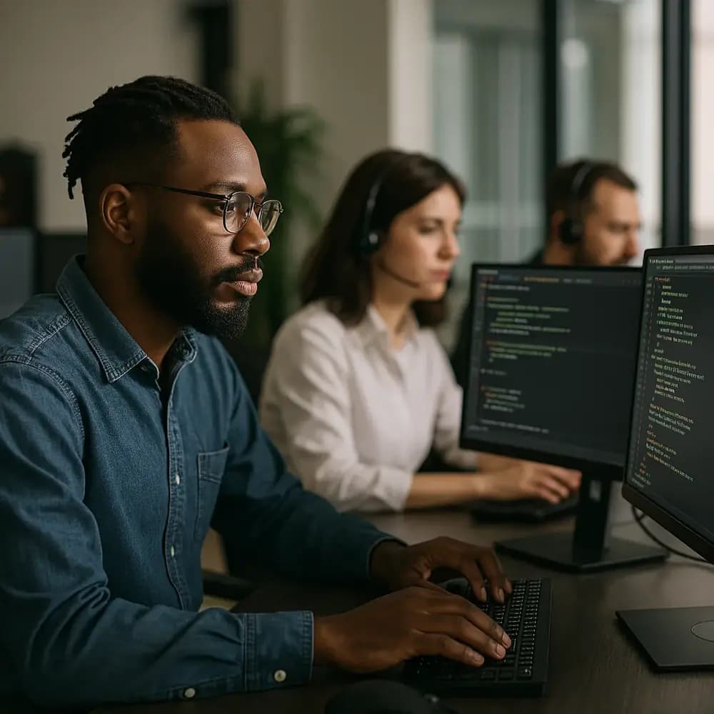 A remote product manager leading a virtual team meeting on a laptop, discussing 2025 product trends via video conference.