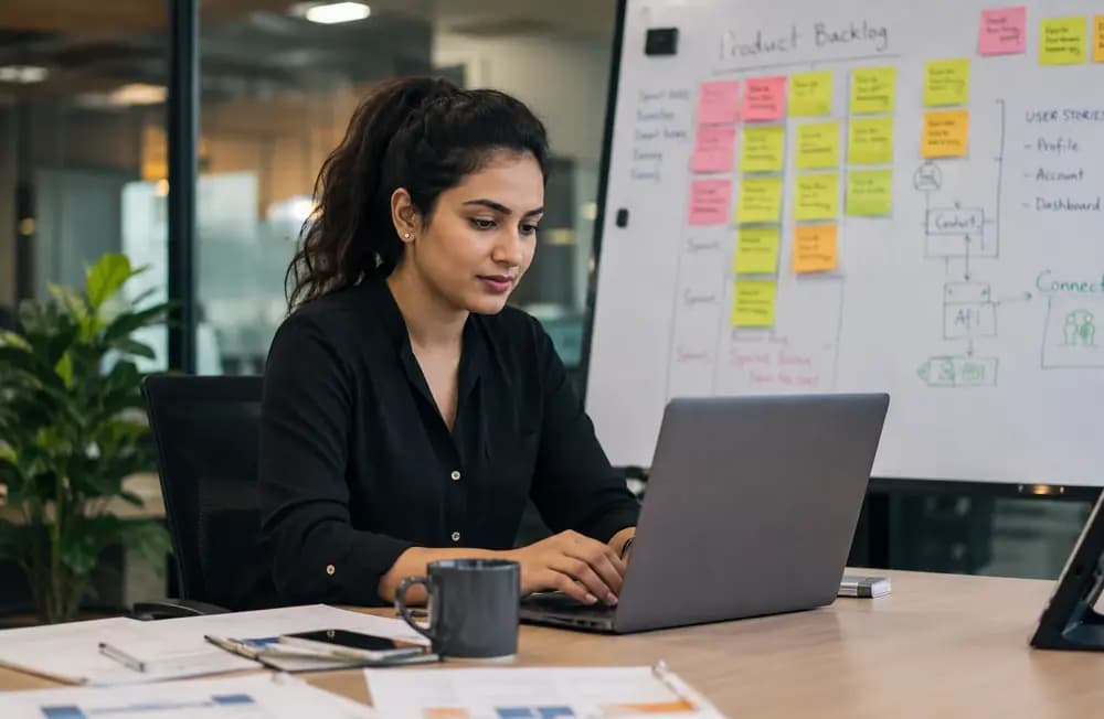 Product owner working on a laptop in an office with an agile product backlog board