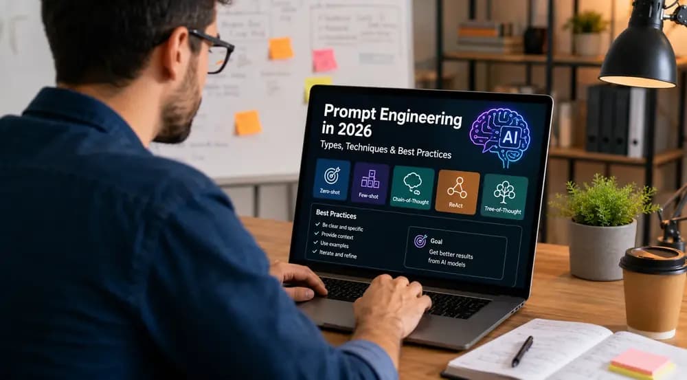 Developer learning prompt engineering types on a laptop in a modern workspace
