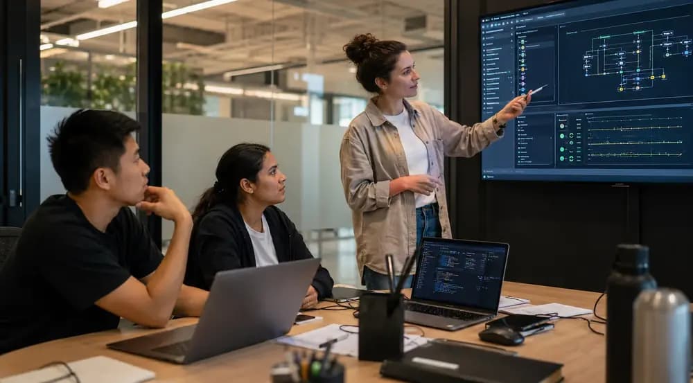 QA automation engineers reviewing API tests and CI/CD results in a modern workspace.