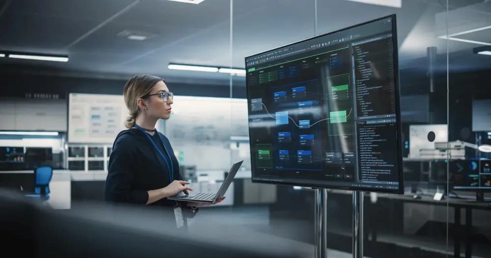 QA automation engineers reviewing Selenium, API, and CI pipeline test results together during a software release-readiness meeting in 2026
