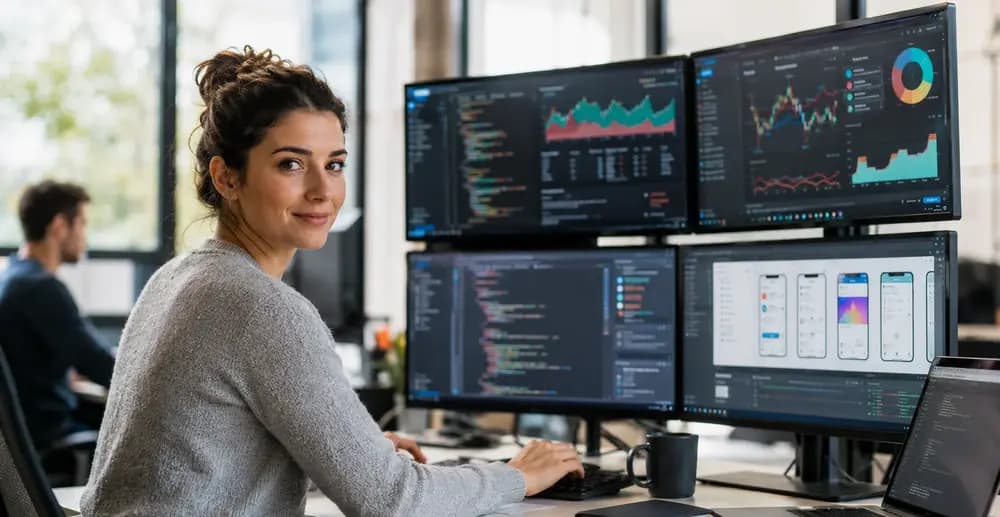 QA automation engineer reviewing AI-assisted software tests on multiple monitors