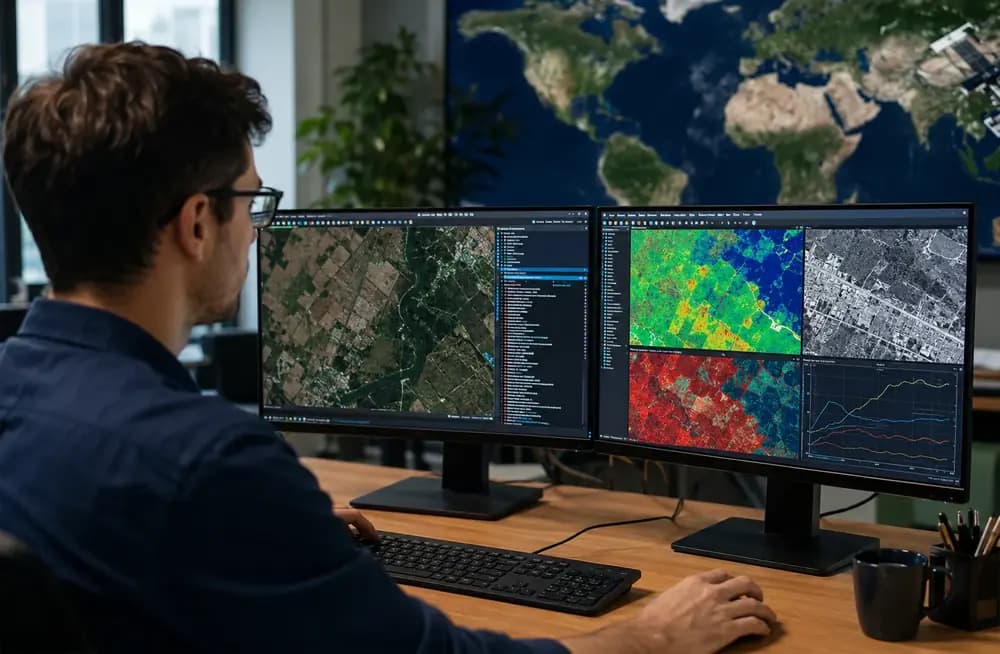 Remote sensing scientist analyzing satellite imagery and geospatial AI data on dual monitors in a modern lab