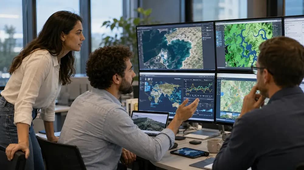 Geospatial professionals analyzing satellite imagery, GIS maps, and Earth observation dashboards in a modern office