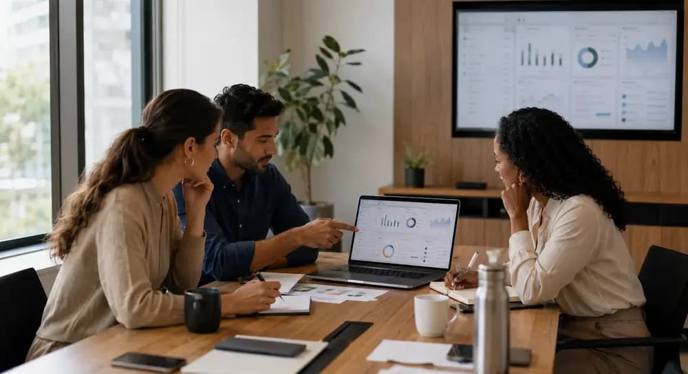 Sales professionals reviewing CRM data and AI-assisted sales insights in a modern office.
