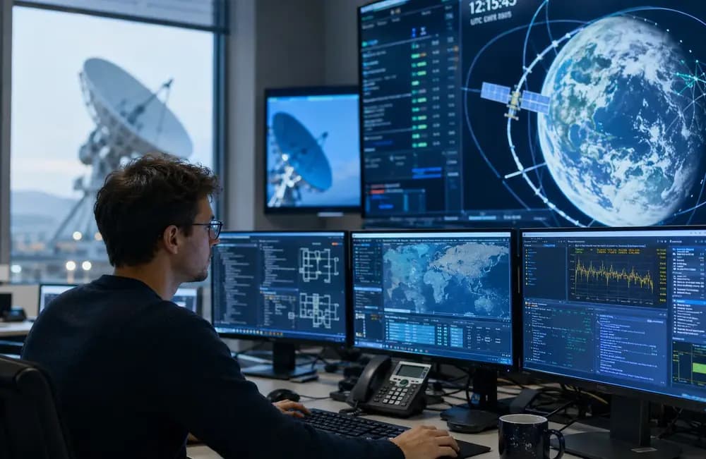 Satellite communications engineer monitoring orbital networks and RF data in a modern ground station control room