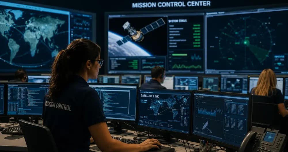 Satellite operations engineers monitoring spacecraft telemetry and mission control systems in a modern control room