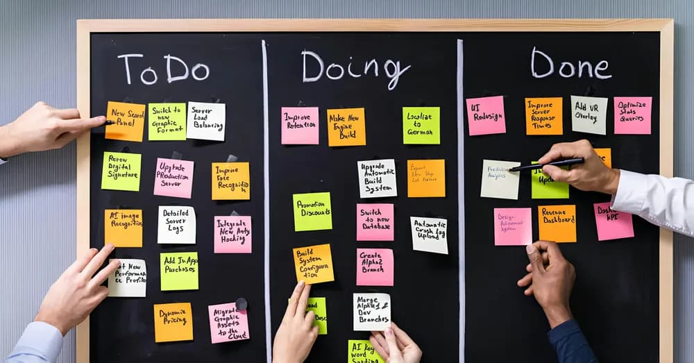 Scrum Master team managing agile workflows with a Kanban board, applying Scrum and agile best practices for high-demand Scrum Master roles in 2026.