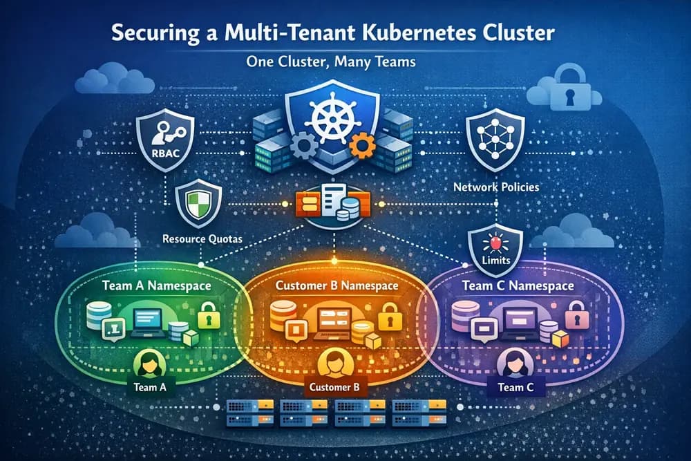 Diagram of securing a multi-tenant Kubernetes cluster: one cluster shared by multiple teams/customers using isolated namespaces with RBAC, network policies, resource quotas, and limits for tenant isolation and security