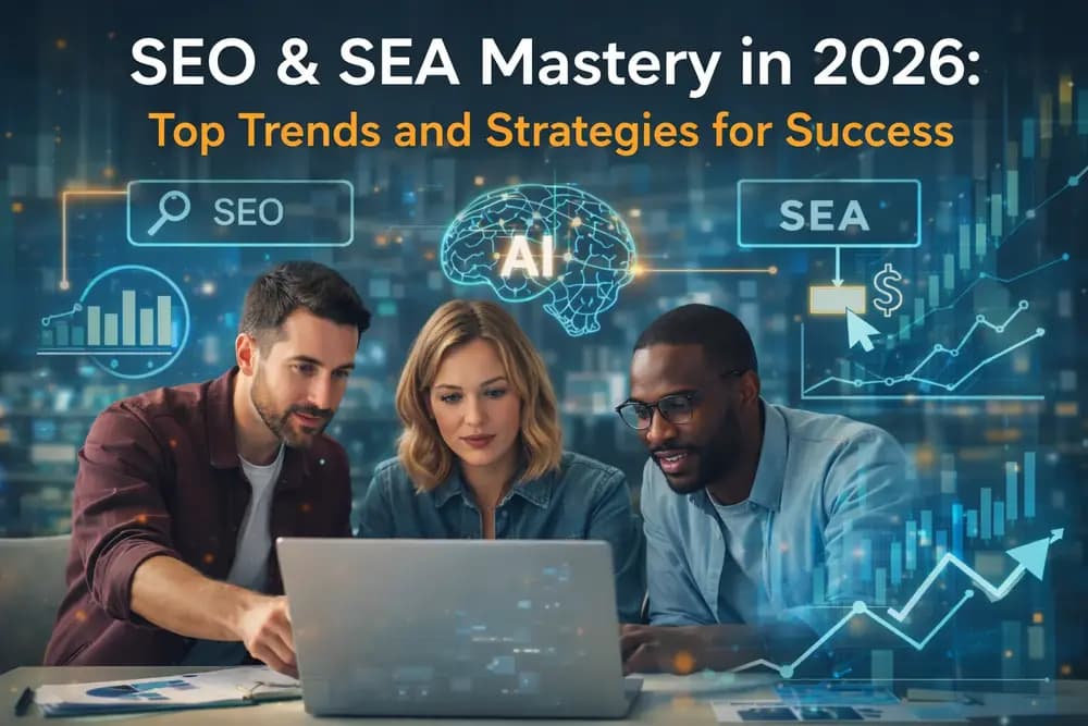 Digital marketing experts analyzing SEO and SEA performance data with futuristic AI tools in 2026.