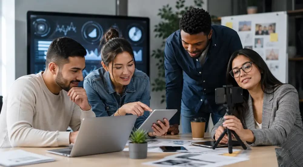 Social media managers using AI analytics tools to plan a 2026 content strategy.