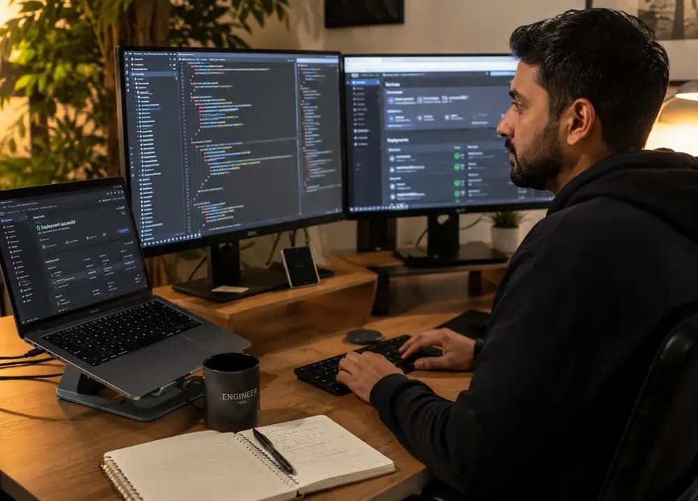 Software engineer working at a multi-monitor coding workstation for Software Engineering in 2026
