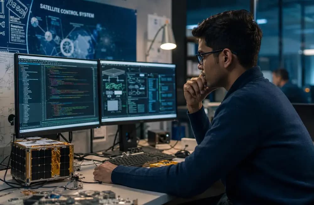 Spacecraft software engineer coding satellite control software in a modern aerospace lab with spacecraft system monitors