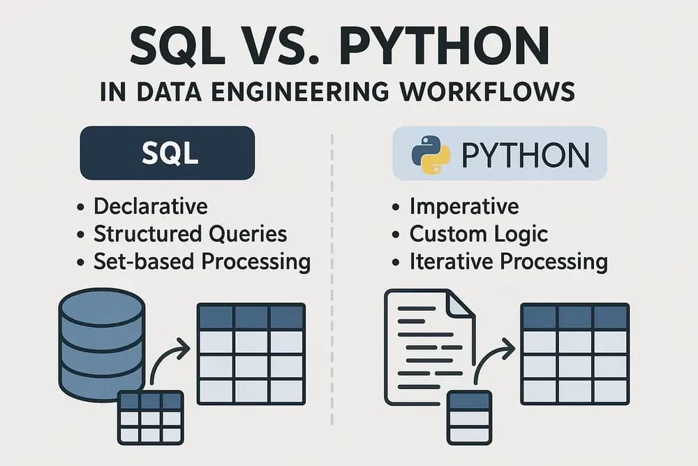 Data engineer comparing SQL and Python code on two monitors, choosing the best language to build a data pipeline
