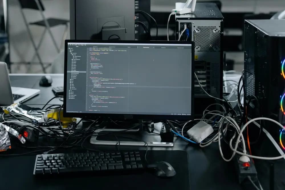 System administration engineering workstation with servers, cables, and monitors displaying system code and configurations used to manage and maintain modern IT infrastructure.