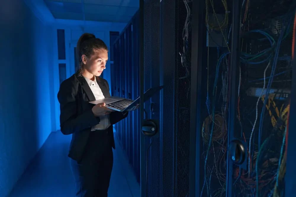Systems administrators and infrastructure engineers reviewing live server health, security alerts, and cloud operations dashboards in a modern data center environment.