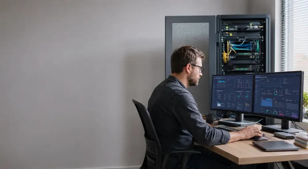 Real system administrator monitoring cloud infrastructure, servers, security, and network performance in 2026