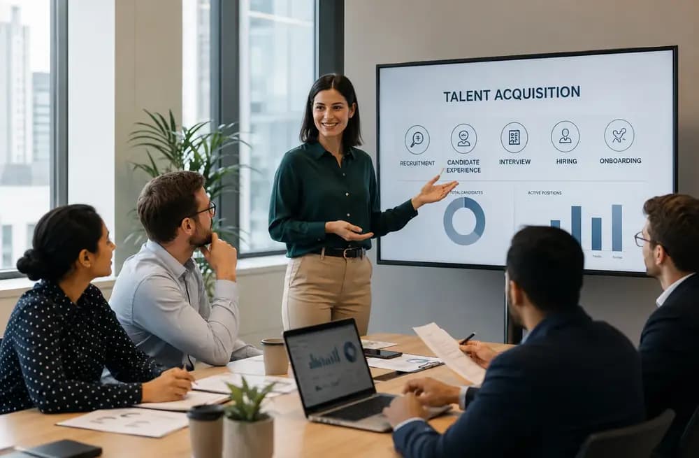 Diverse HR team discussing talent acquisition strategy in a modern office with a presenter explaining recruitment analytics and hiring trends for 2026.