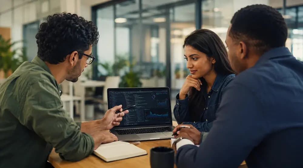 Professionals discussing tech career options over a laptop in a modern office