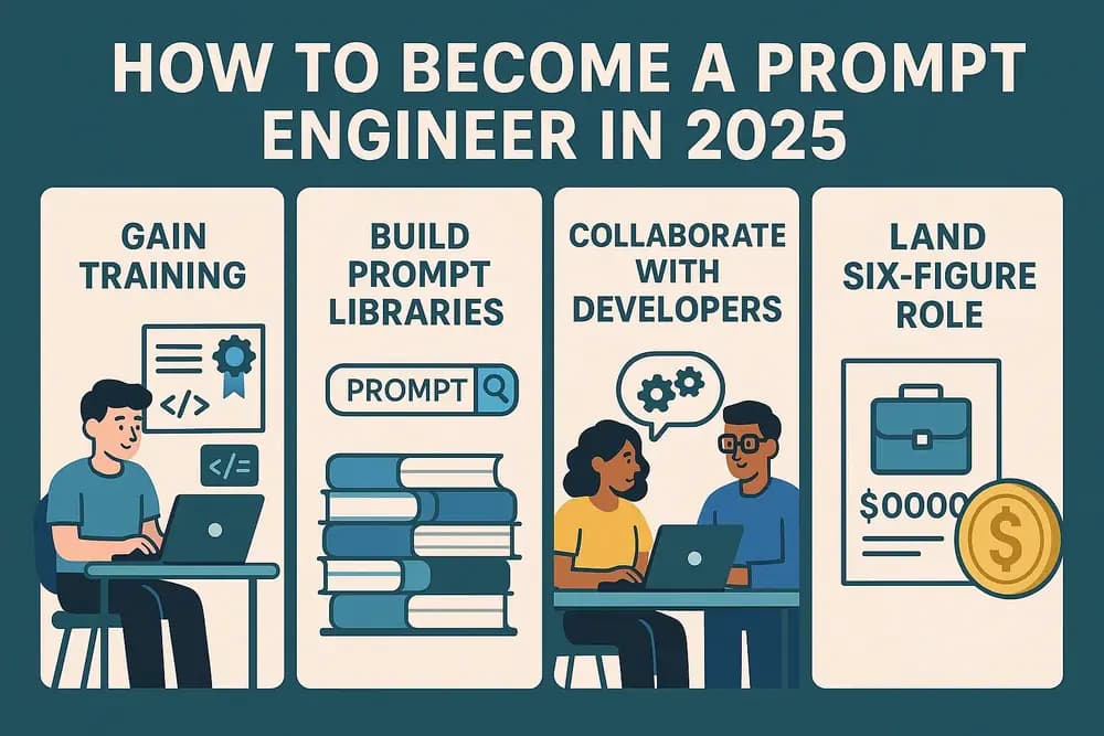 A focused learner exploring prompt engineering techniques on a laptop in a modern workspace, symbolizing the rise of AI-driven careers in 2025.