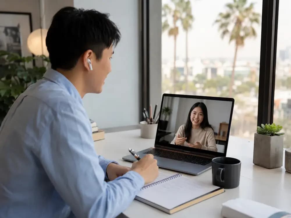 Student in Los Angeles taking an online Korean tutoring lesson with a tutor on a laptop in a modern home office.