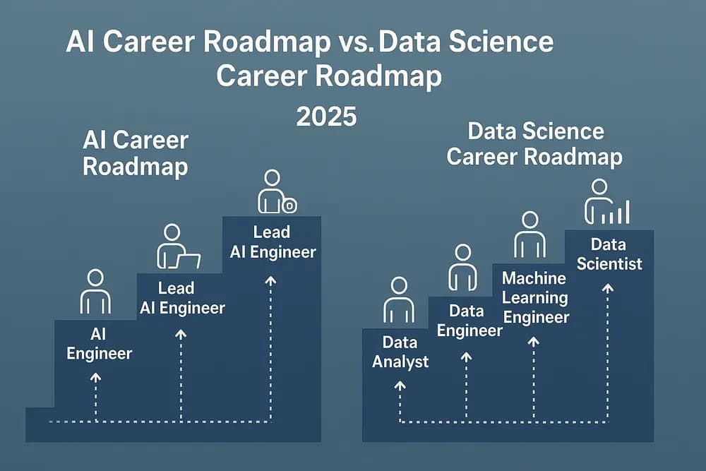 Career comparison chart showing AI and Data Science roles in 2025, including AI Engineer, Machine Learning Engineer, Data Scientist, and Prompt Engineer with skillsets, salaries, and career paths.