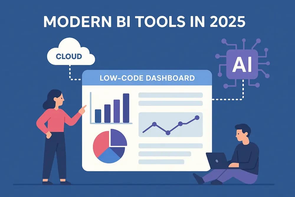 Illustration of popular BI tools like Power BI, Tableau, and Looker on a digital dashboard with charts and graphs, labeled “Top BI Tools for 2025”
