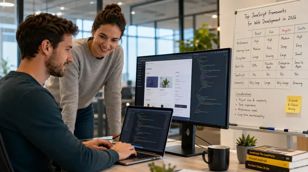 Frontend developers comparing React, Vue, Angular, and Svelte frameworks in a modern office