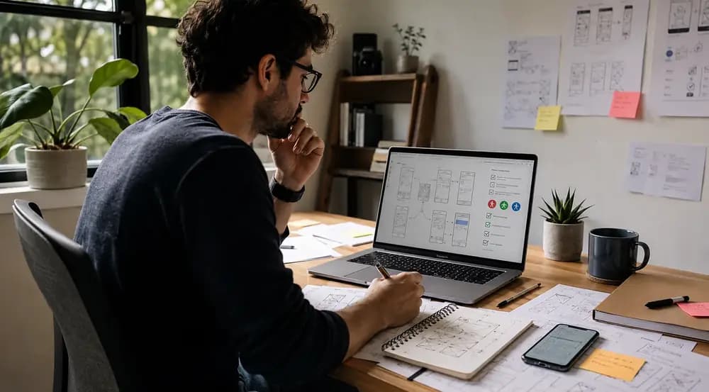 UI/UX designer reviewing wireframes, user flows, accessibility notes and mobile app prototypes in a natural workspace.