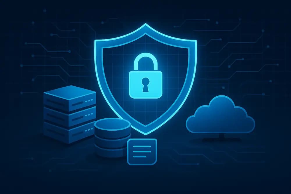 Illustration comparing cybersecurity and DevSecOps workflows, with shield icons, cloud infrastructure, and coding pipelines.