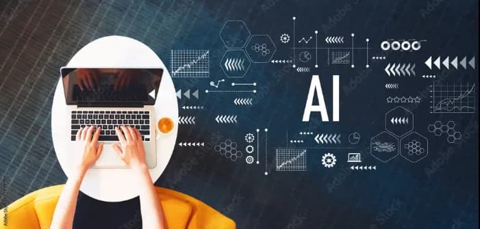 Person using a laptop on a white table with an AI technology concept